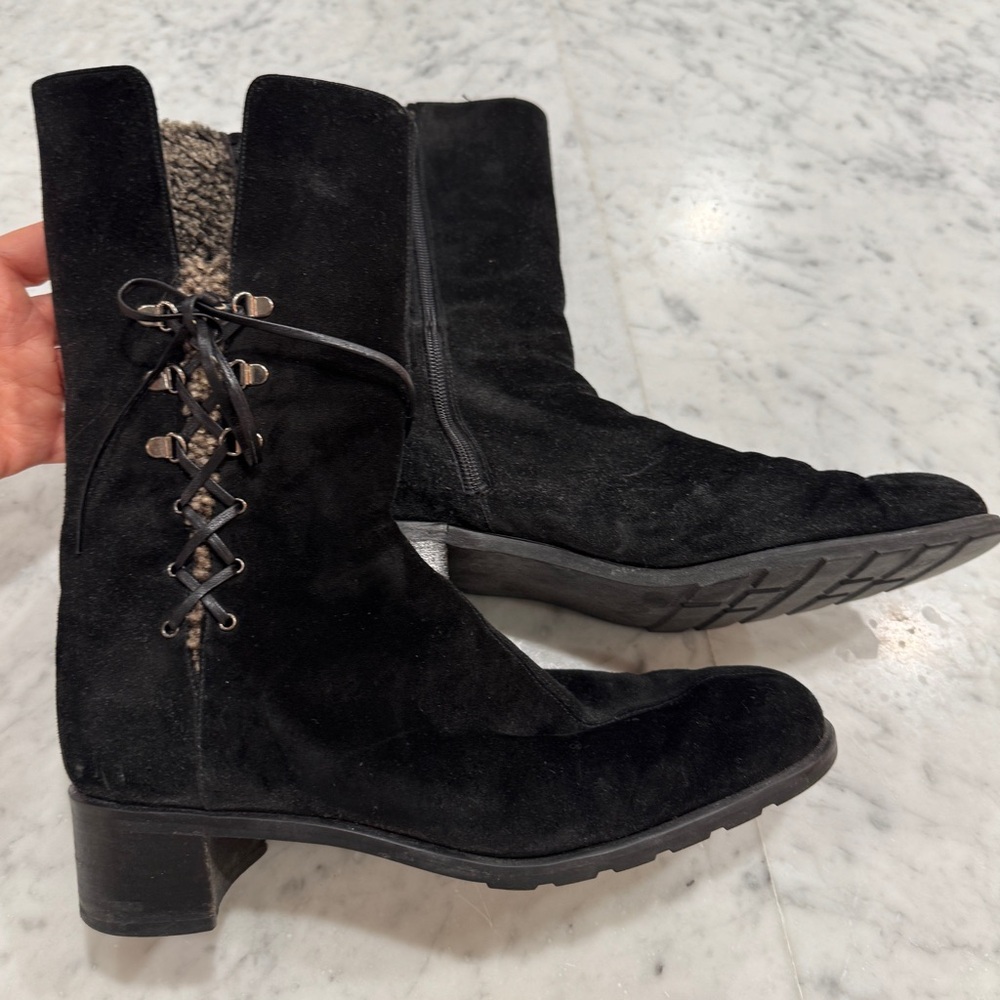 Stuart Weitzman Black Lace Up Boots with Block Heel